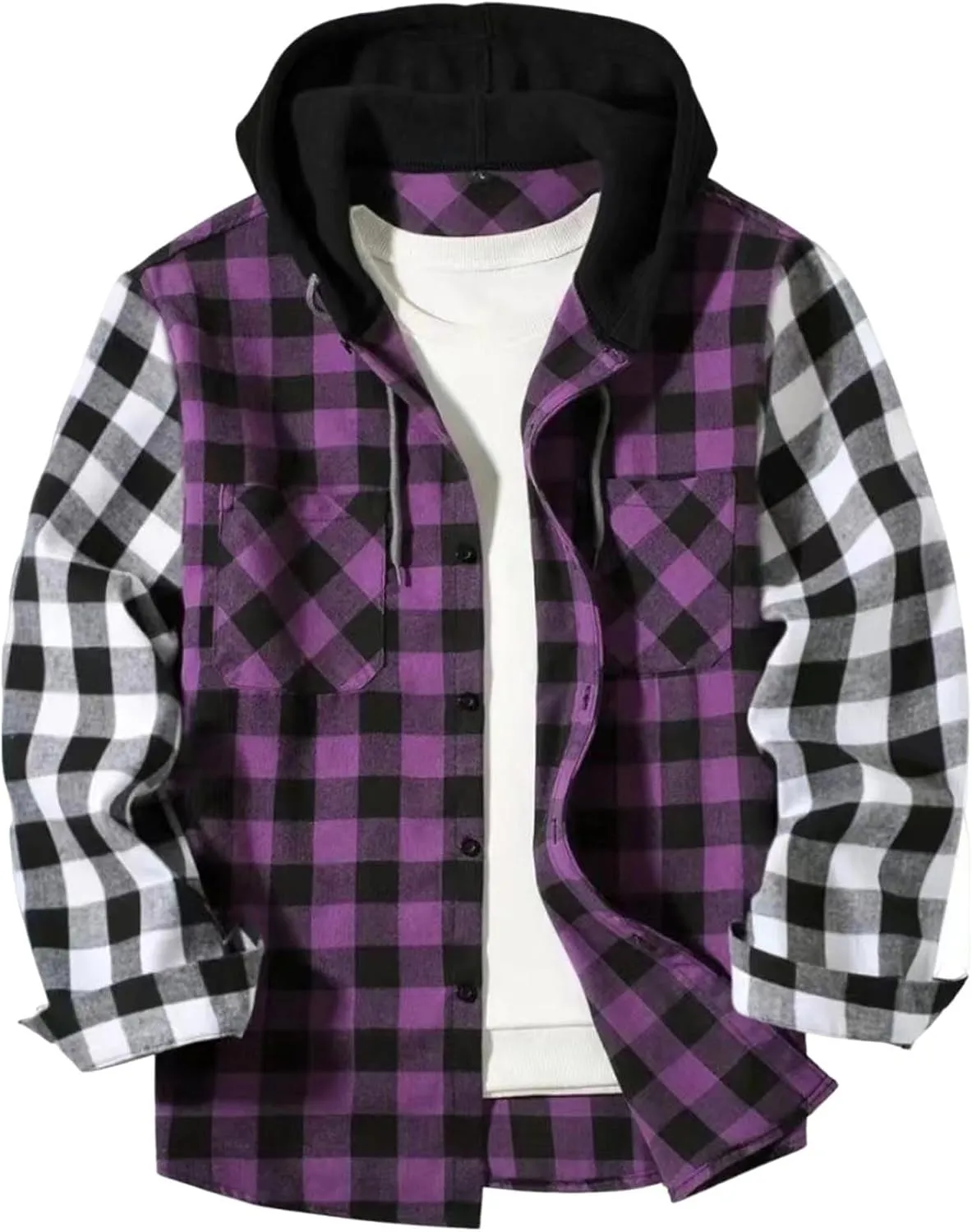 Men's Plaid Hooded Shirts Casual Long Sleeve Lightweight Shirt Button Down Flannel Plaid Jckets with Pocket