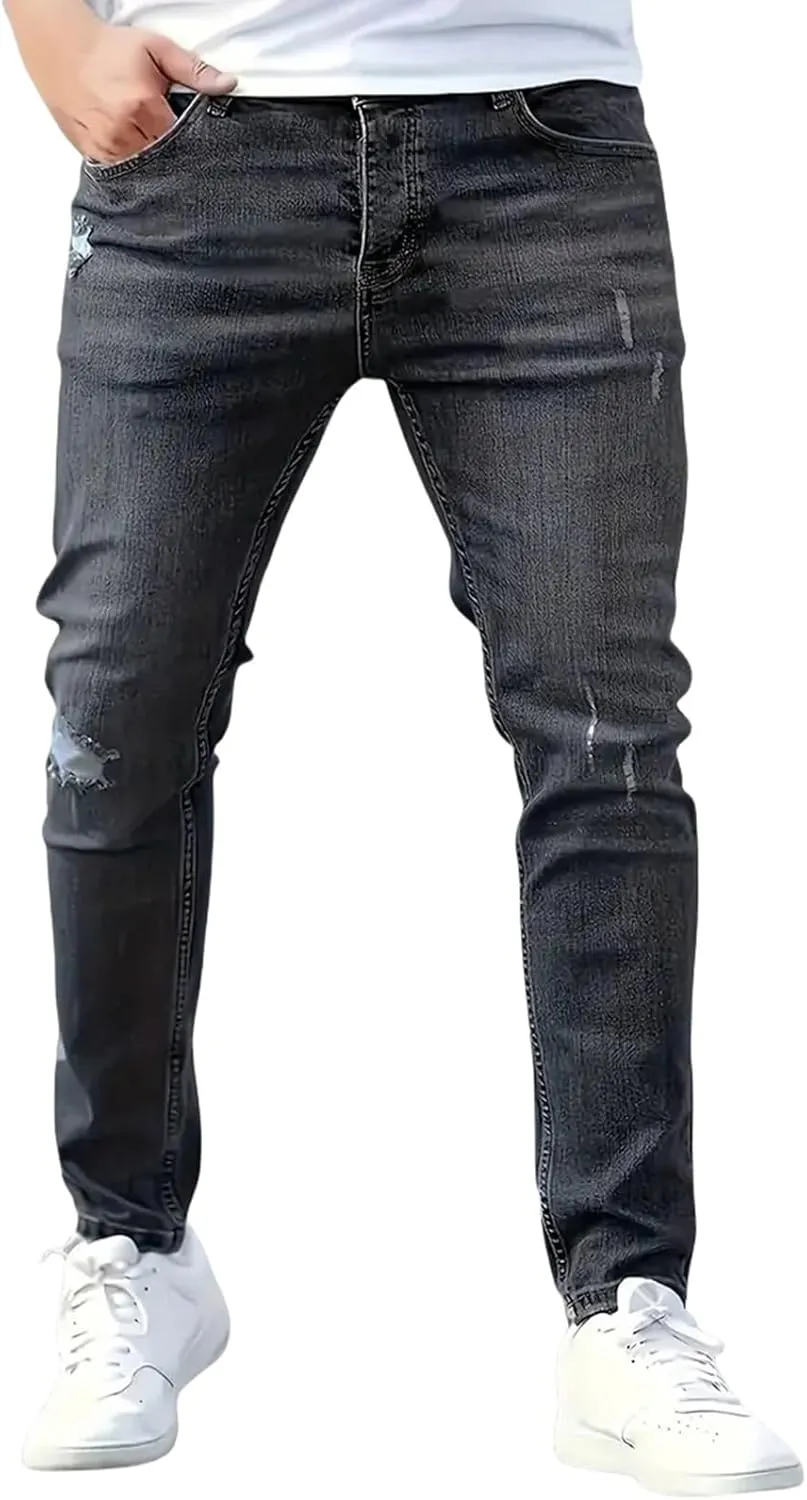 Men's Ripped Skinny Jeans Casual Denim Stretch Tapered Pants Classic Distressed Destroyed Denim Pants with Pockets