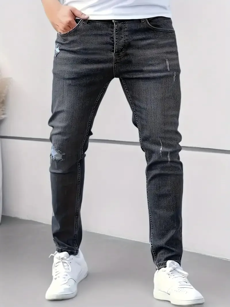 Men's Ripped Skinny Jeans Casual Denim Stretch Tapered Pants Classic Distressed Destroyed Denim Pants with Pockets
