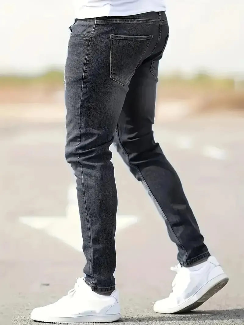 Men's Ripped Skinny Jeans Casual Denim Stretch Tapered Pants Classic Distressed Destroyed Denim Pants with Pockets