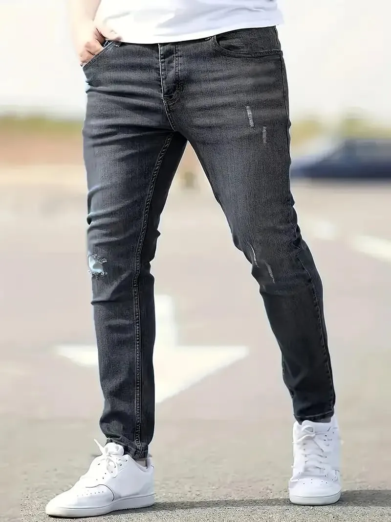 Men's Ripped Skinny Jeans Casual Denim Stretch Tapered Pants Classic Distressed Destroyed Denim Pants with Pockets