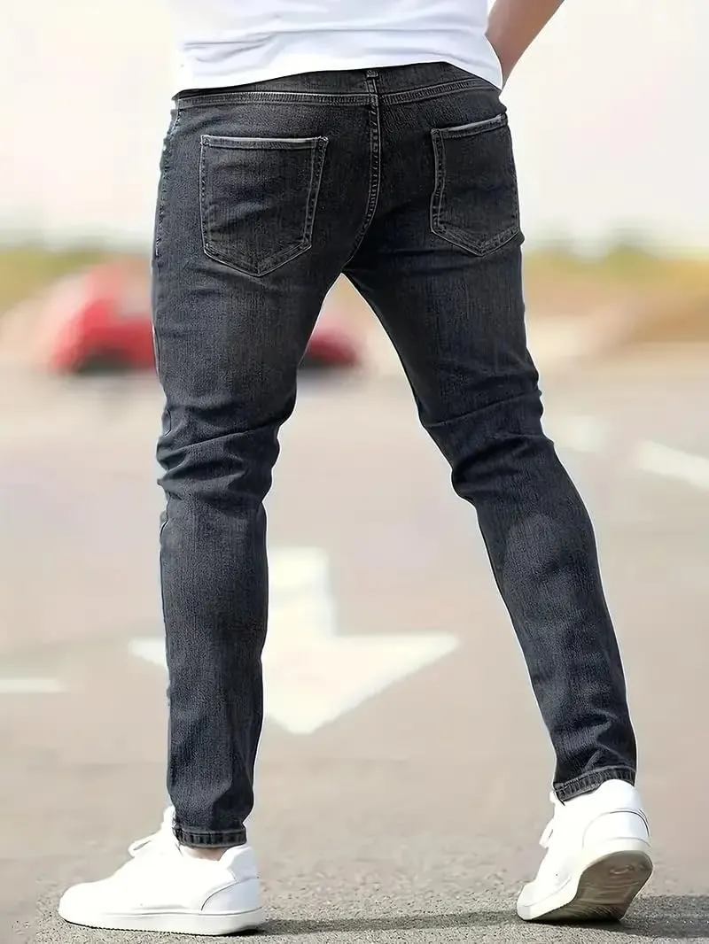 Men's Ripped Skinny Jeans Casual Denim Stretch Tapered Pants Classic Distressed Destroyed Denim Pants with Pockets