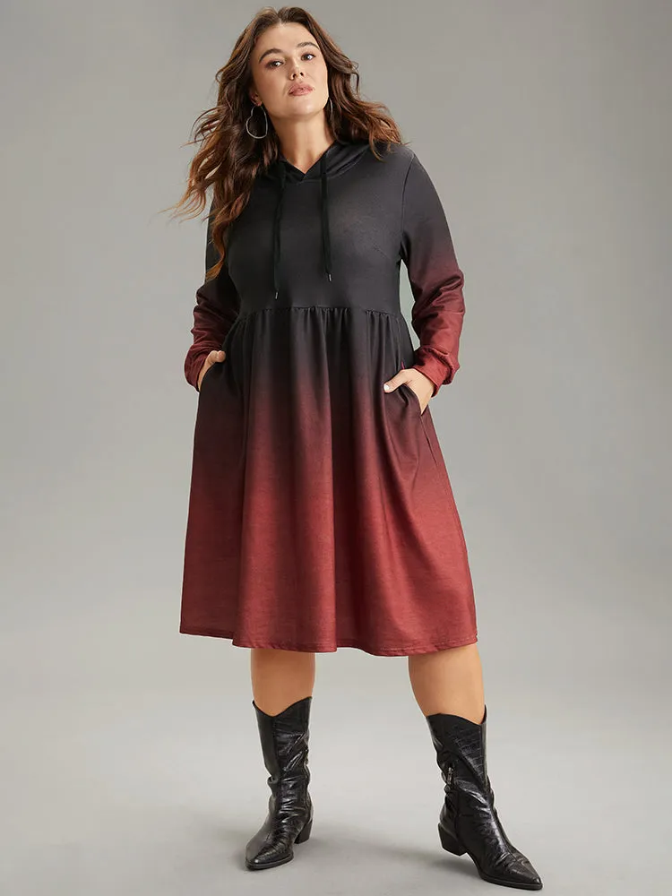 Ombre Elastic Waist Drawstring Hooded Dress