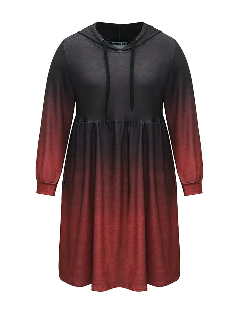 Ombre Elastic Waist Drawstring Hooded Dress