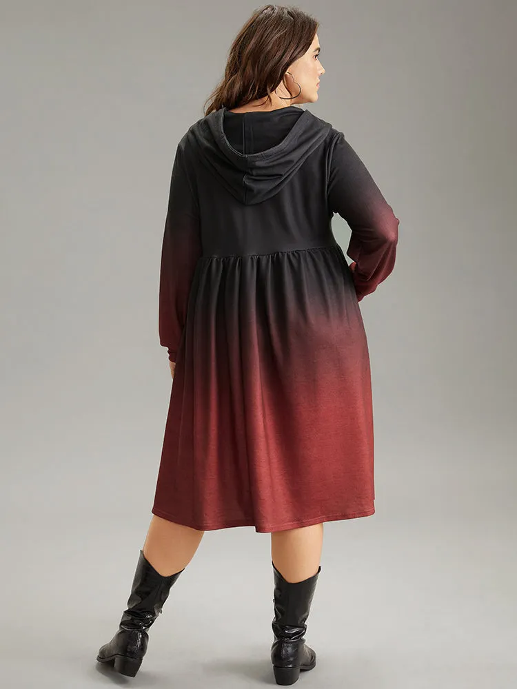 Ombre Elastic Waist Drawstring Hooded Dress