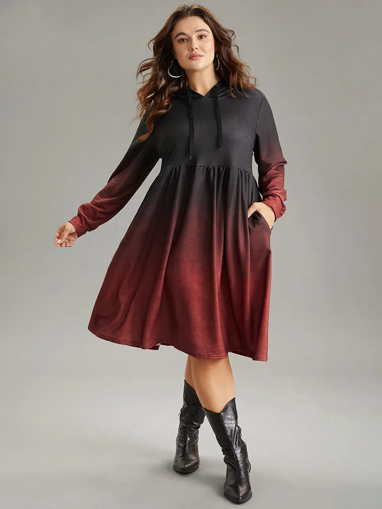 Ombre Elastic Waist Drawstring Hooded Dress