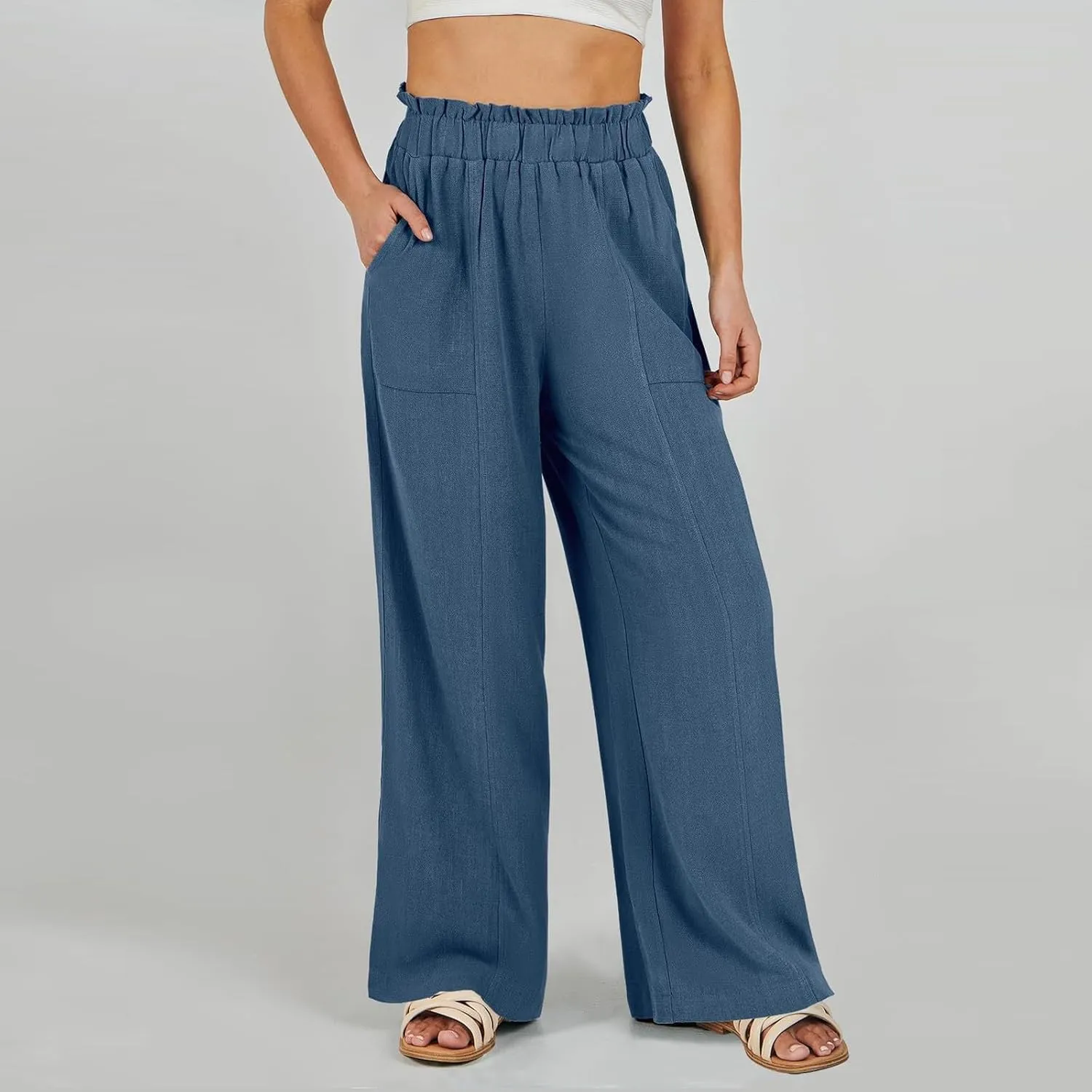 Palazzo Linen Pants for Women Elastic High Waisted Wide Leg Pants Flowy Lounge Pants Summer Beach Pants with Pockets