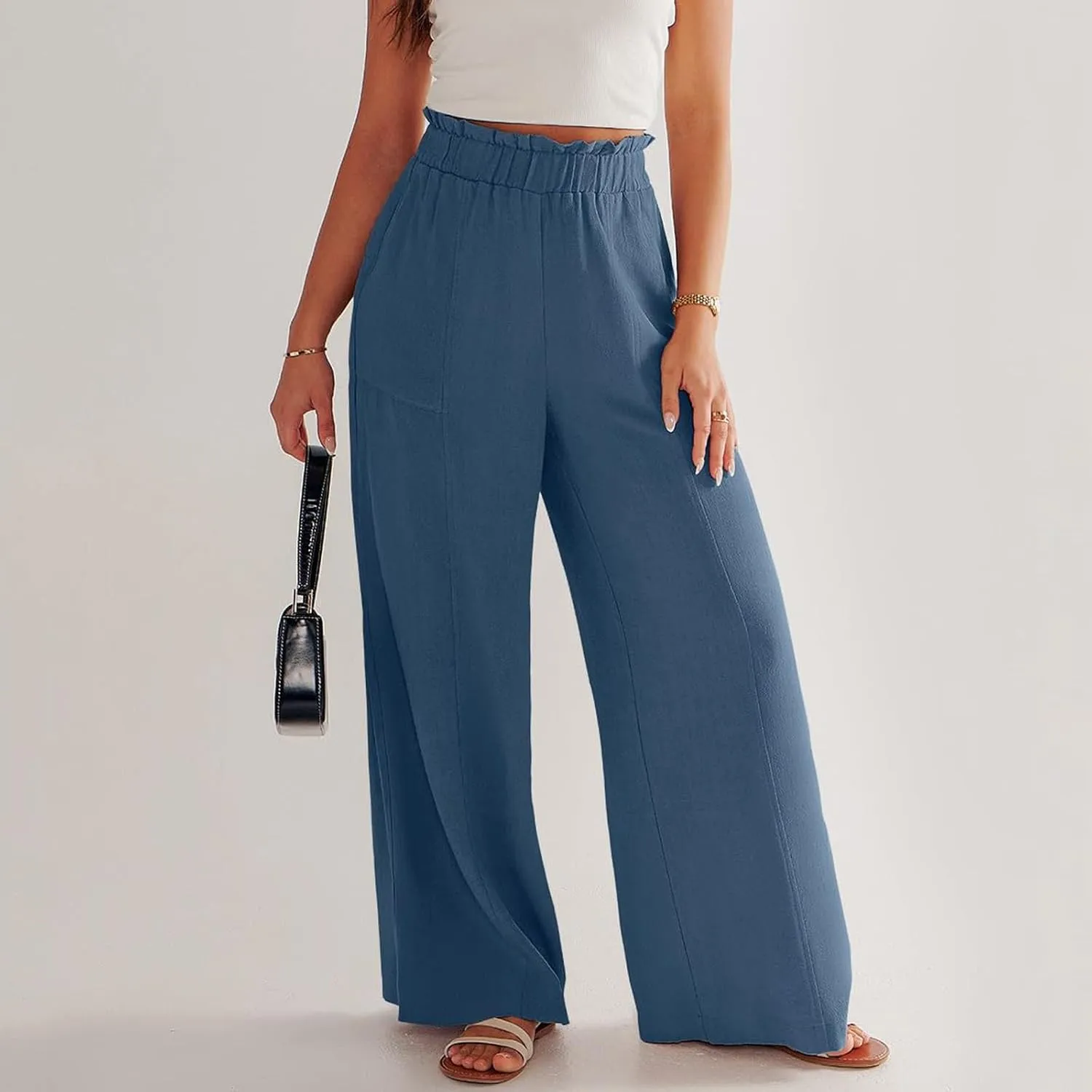 Palazzo Linen Pants for Women Elastic High Waisted Wide Leg Pants Flowy Lounge Pants Summer Beach Pants with Pockets