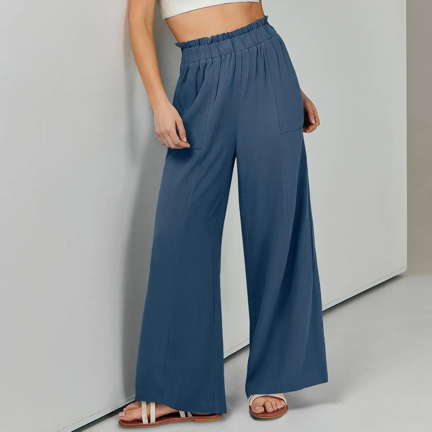 Palazzo Linen Pants for Women Elastic High Waisted Wide Leg Pants Flowy Lounge Pants Summer Beach Pants with Pockets