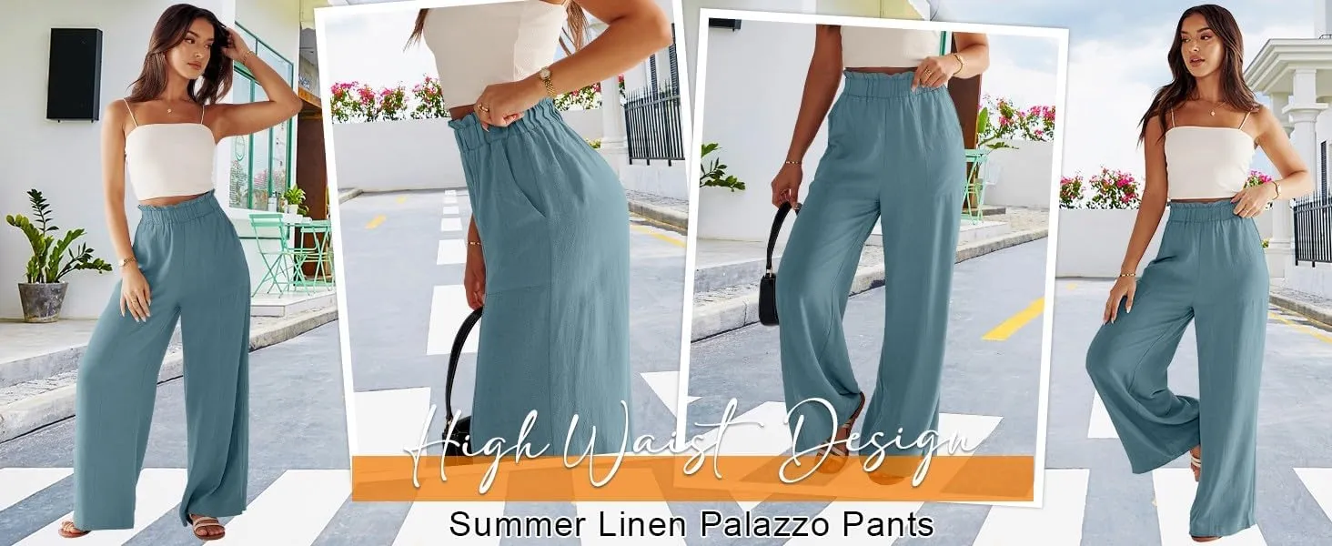 Palazzo Linen Pants for Women Elastic High Waisted Wide Leg Pants Flowy Lounge Pants Summer Beach Pants with Pockets