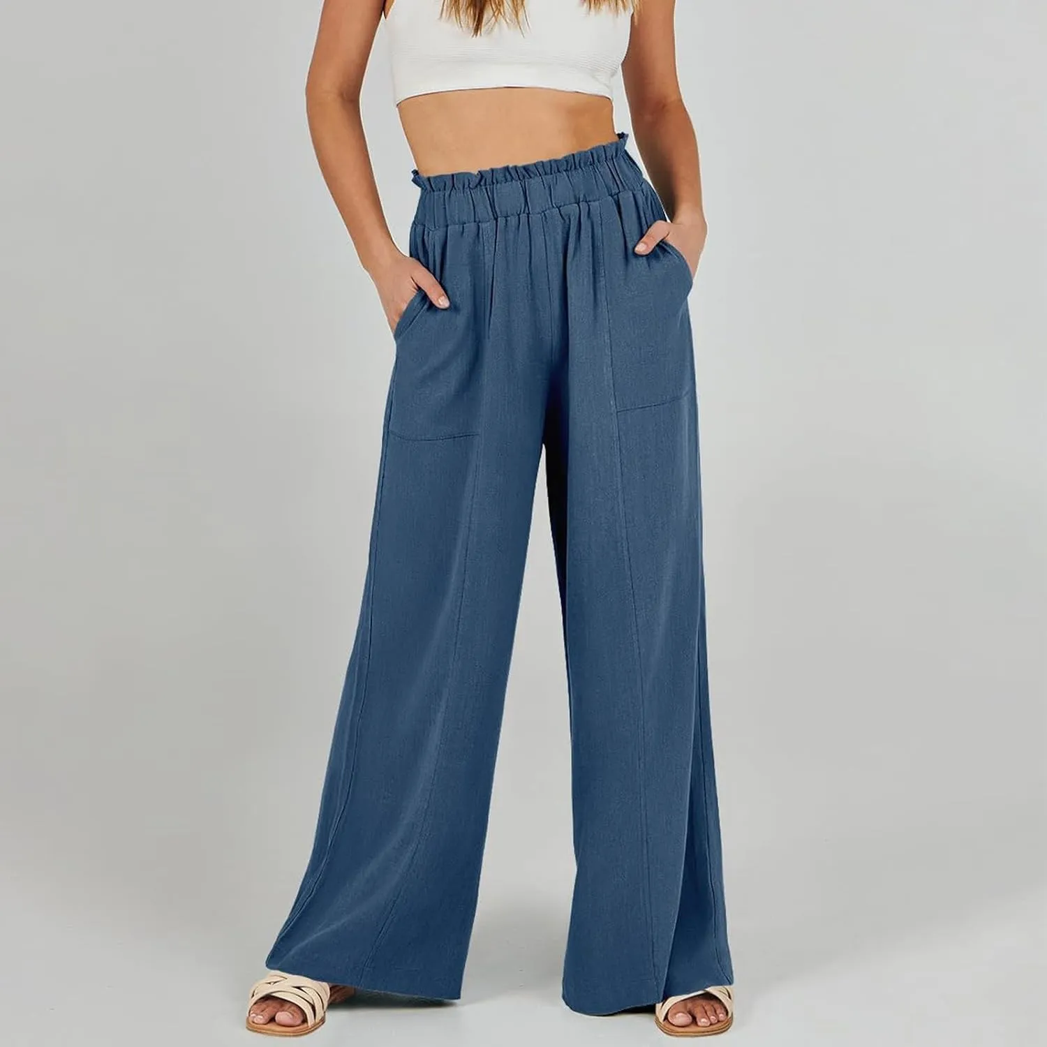 Palazzo Linen Pants for Women Elastic High Waisted Wide Leg Pants Flowy Lounge Pants Summer Beach Pants with Pockets