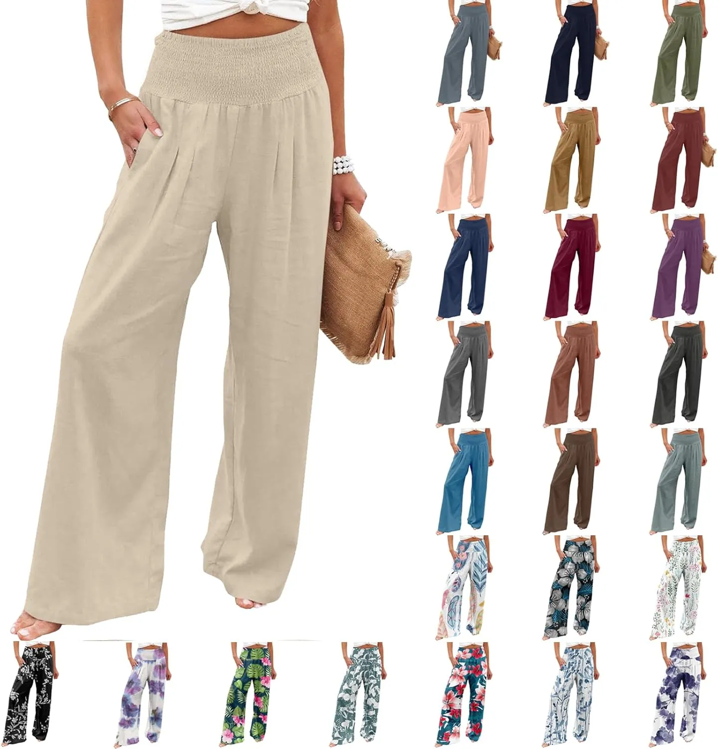 Palazzo Pants for Women Elastic High Waisted Linen Pants Casual Wide Leg Lounge Pants Summer Trousers with Pockets