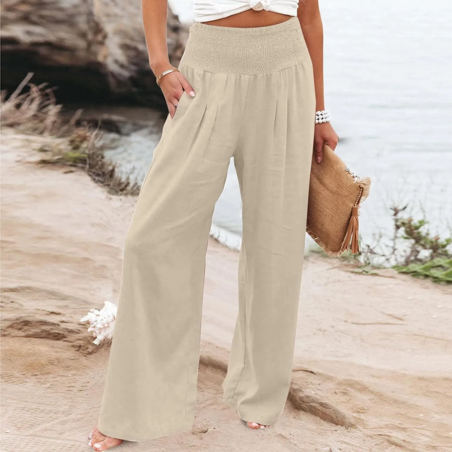 Palazzo Pants for Women Elastic High Waisted Linen Pants Casual Wide Leg Lounge Pants Summer Trousers with Pockets