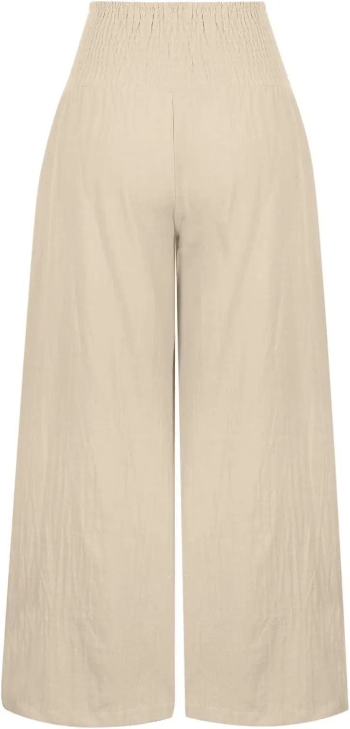 Palazzo Pants for Women Elastic High Waisted Linen Pants Casual Wide Leg Lounge Pants Summer Trousers with Pockets