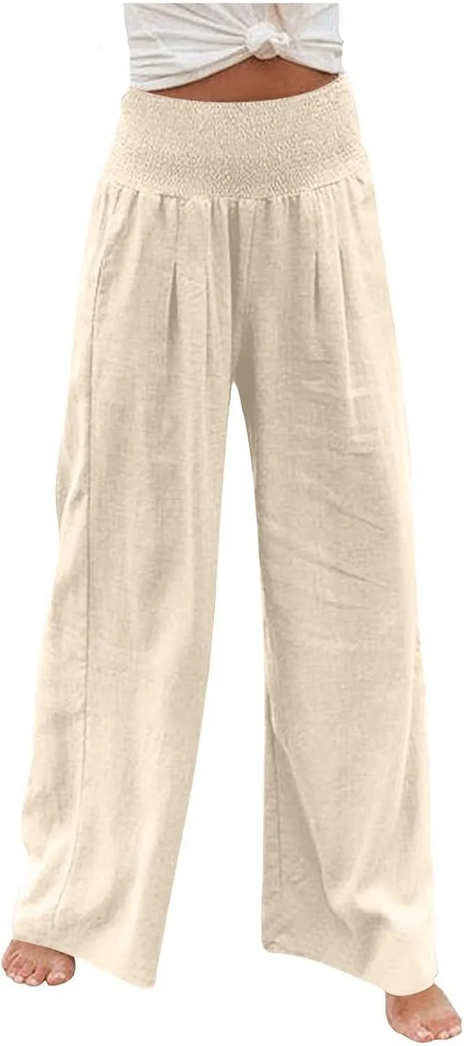 Palazzo Pants for Women Elastic High Waisted Linen Pants Casual Wide Leg Lounge Pants Summer Trousers with Pockets