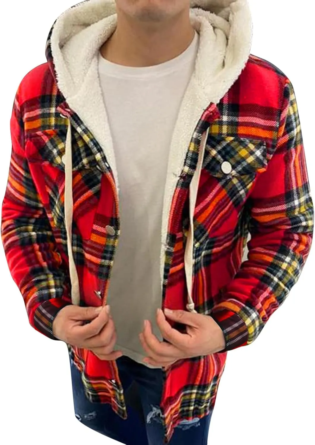 Plaid Hoodies Jackets for Men Regular Fit Long Sleeve Full-Zip Fleece Lined Casual Plaid Jacket Color Block Stitching