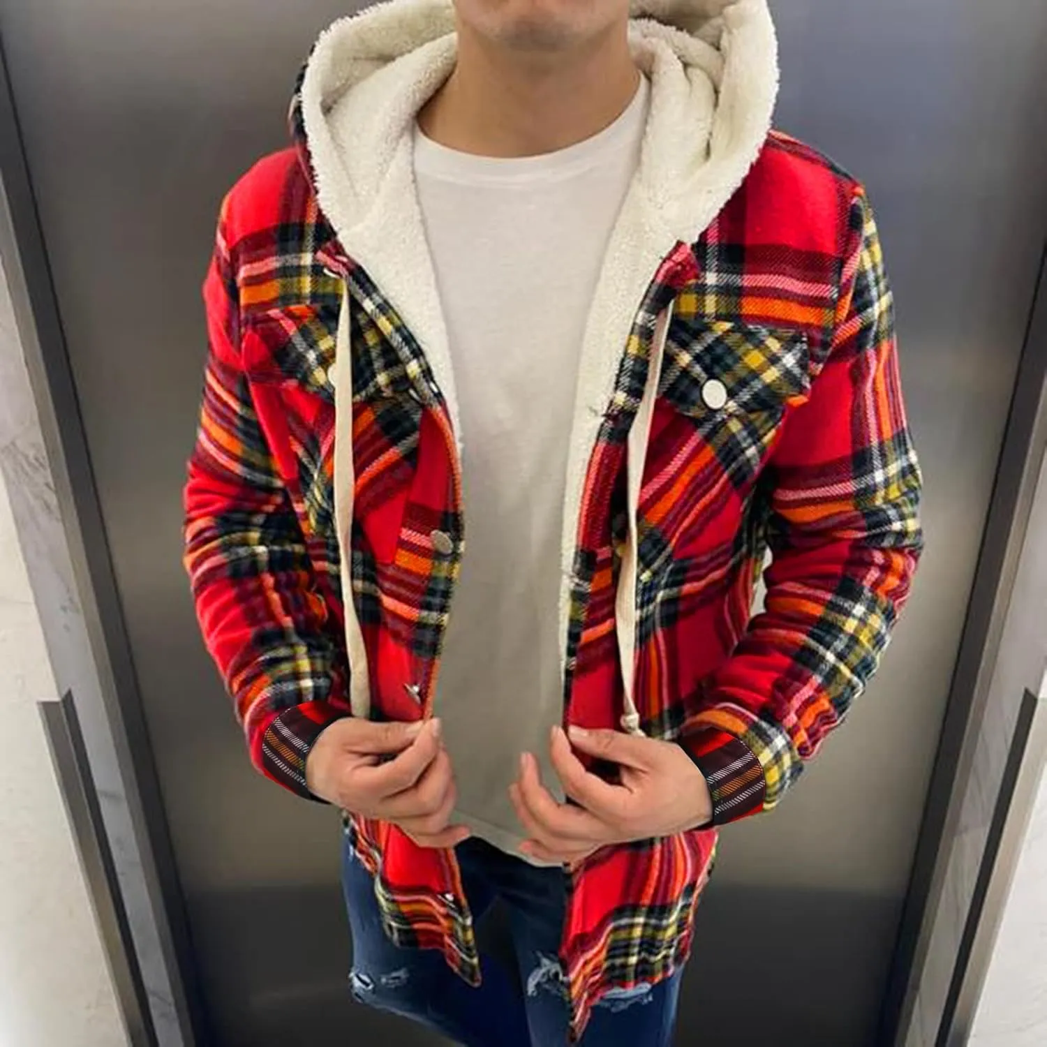Plaid Hoodies Jackets for Men Regular Fit Long Sleeve Full-Zip Fleece Lined Casual Plaid Jacket Color Block Stitching