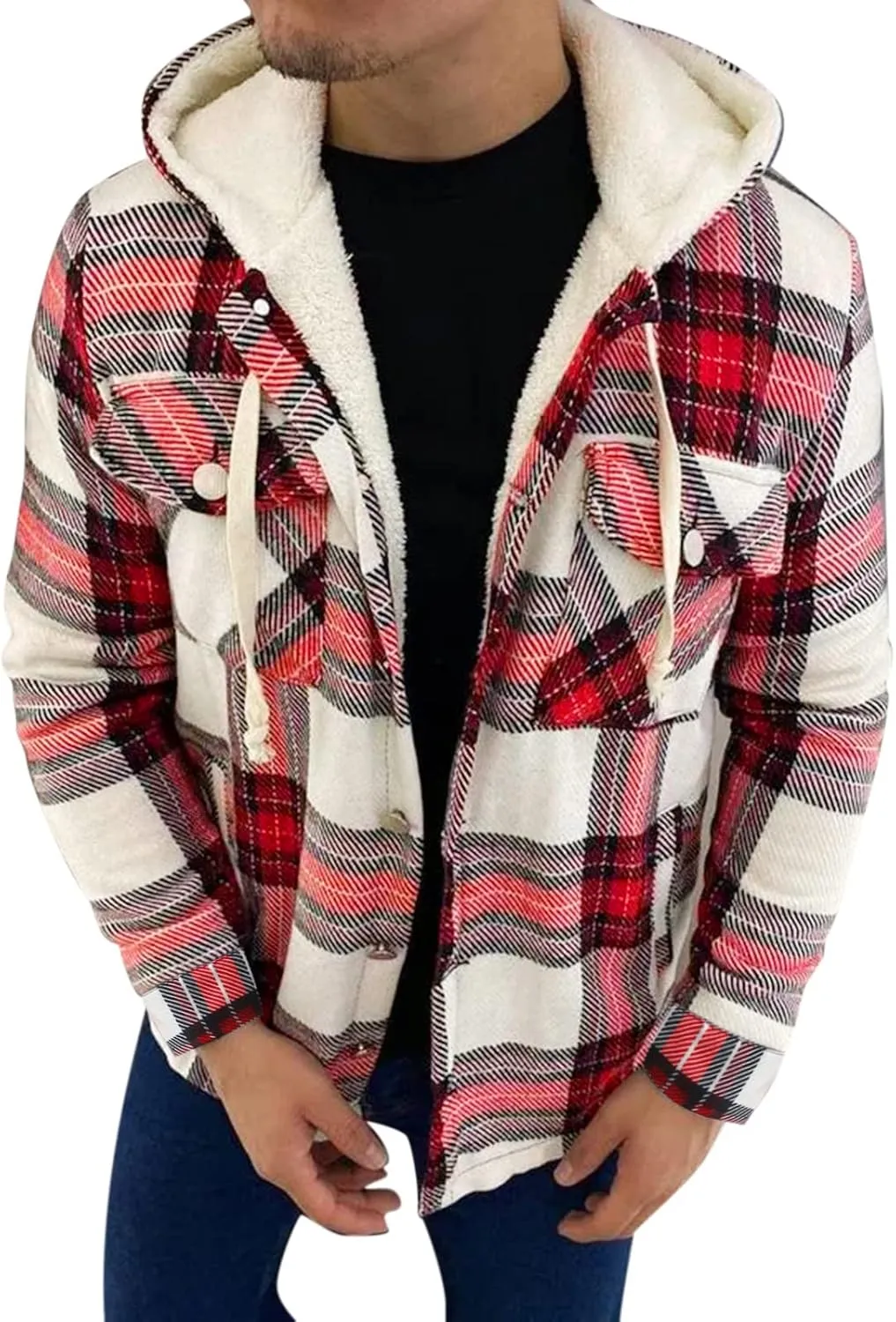 Plaid Hoodies Jackets for Men Regular Fit Long Sleeve Full-Zip Fleece Lined Casual Plaid Jacket Color Block Stitching