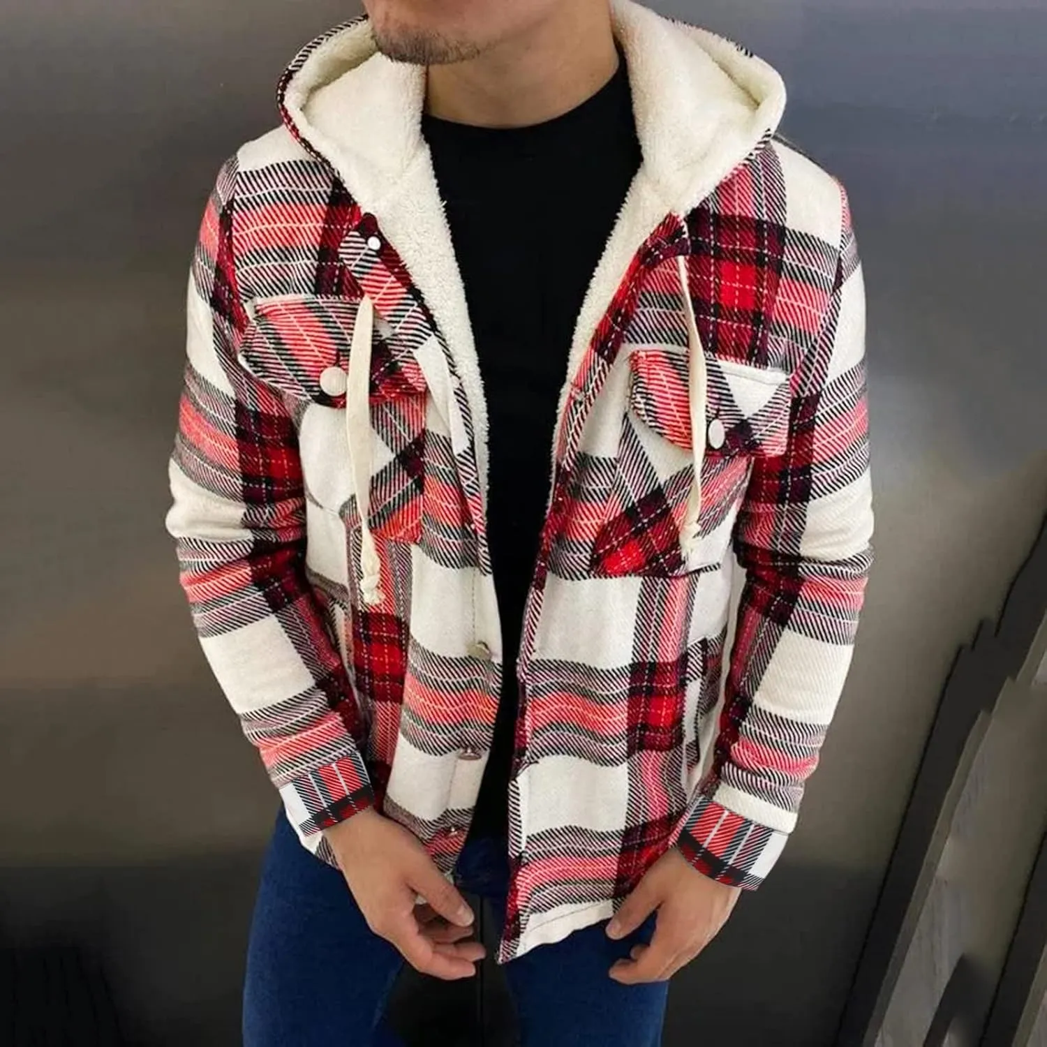 Plaid Hoodies Jackets for Men Regular Fit Long Sleeve Full-Zip Fleece Lined Casual Plaid Jacket Color Block Stitching