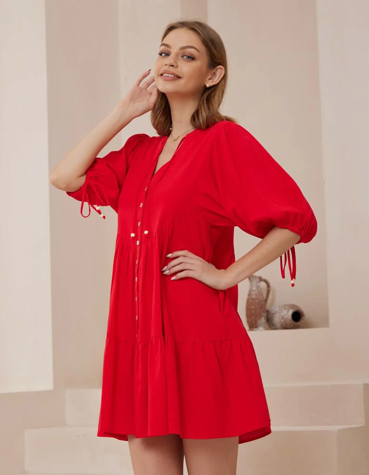 Presley Button Front V Neck Dress in Red