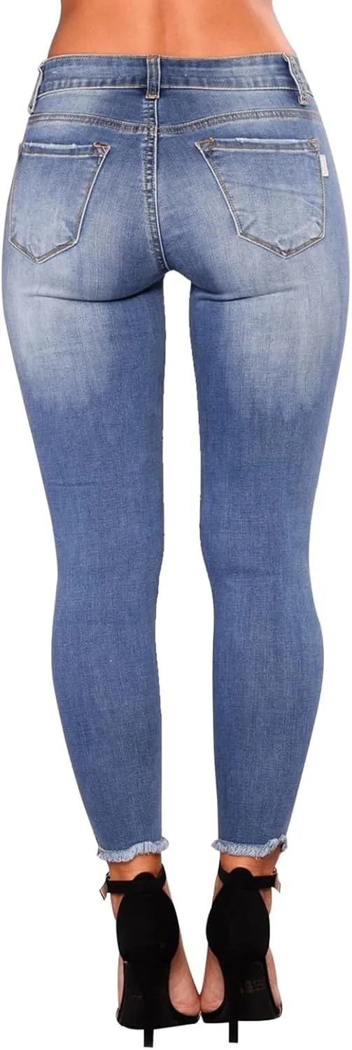 Ripped Skinny Jeans for Women High Waisted Tummy Control Jeggings Slim Fit Distressed Stretchy Denim Pants with Pocket