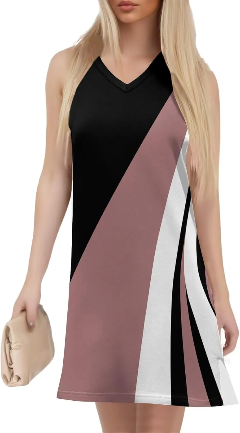 Summer Dresses for Women 2025 Casual V Neck Sleeveless Sundresses Color Block Printed Tank Beach Dresses with Split