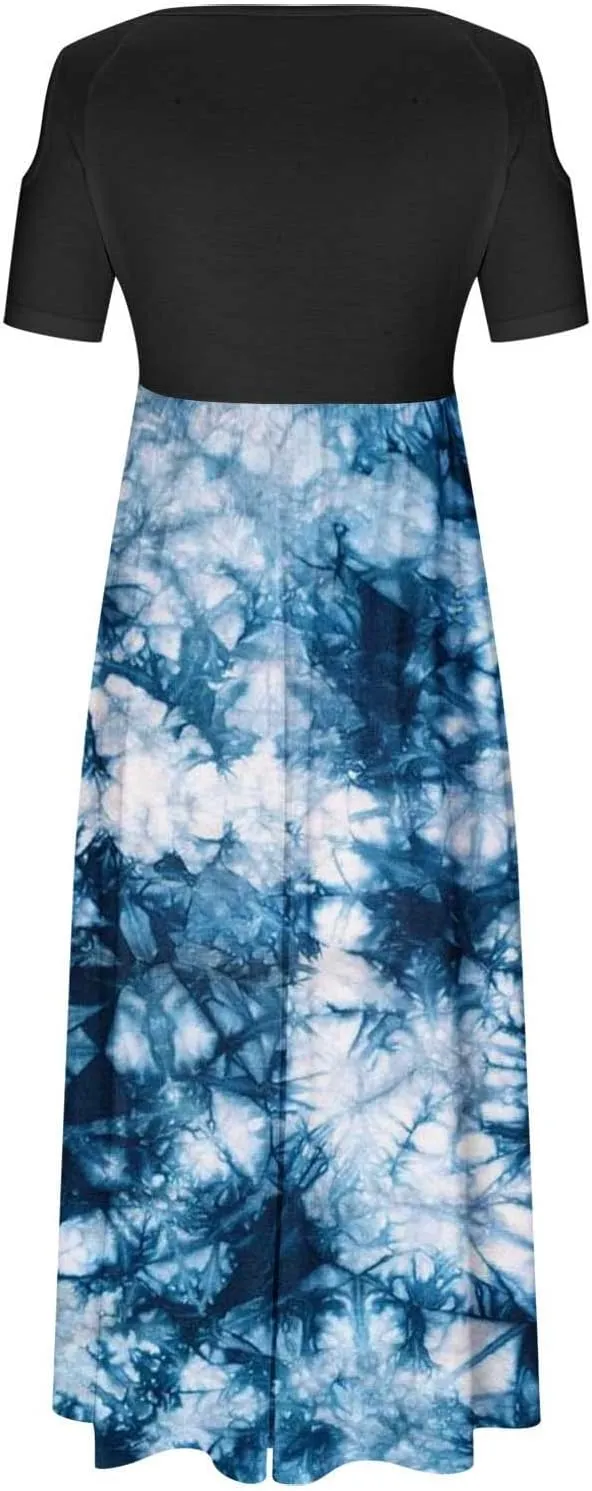 Summer Dresses for Women 2025 Vacation Off Shoulder Short Sleeve Crewneck Maxi Dress Colorblock Printed Long Dress