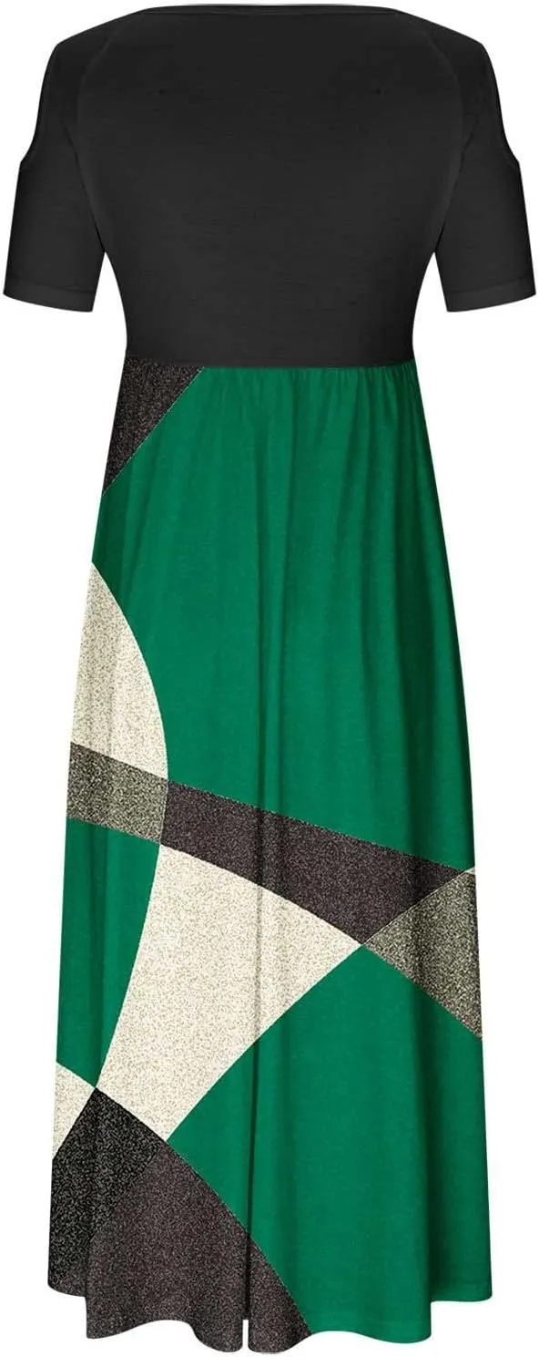 Summer Dresses for Women 2025 Vacation Off Shoulder Short Sleeve Crewneck Maxi Dress Colorblock Printed Long Dress