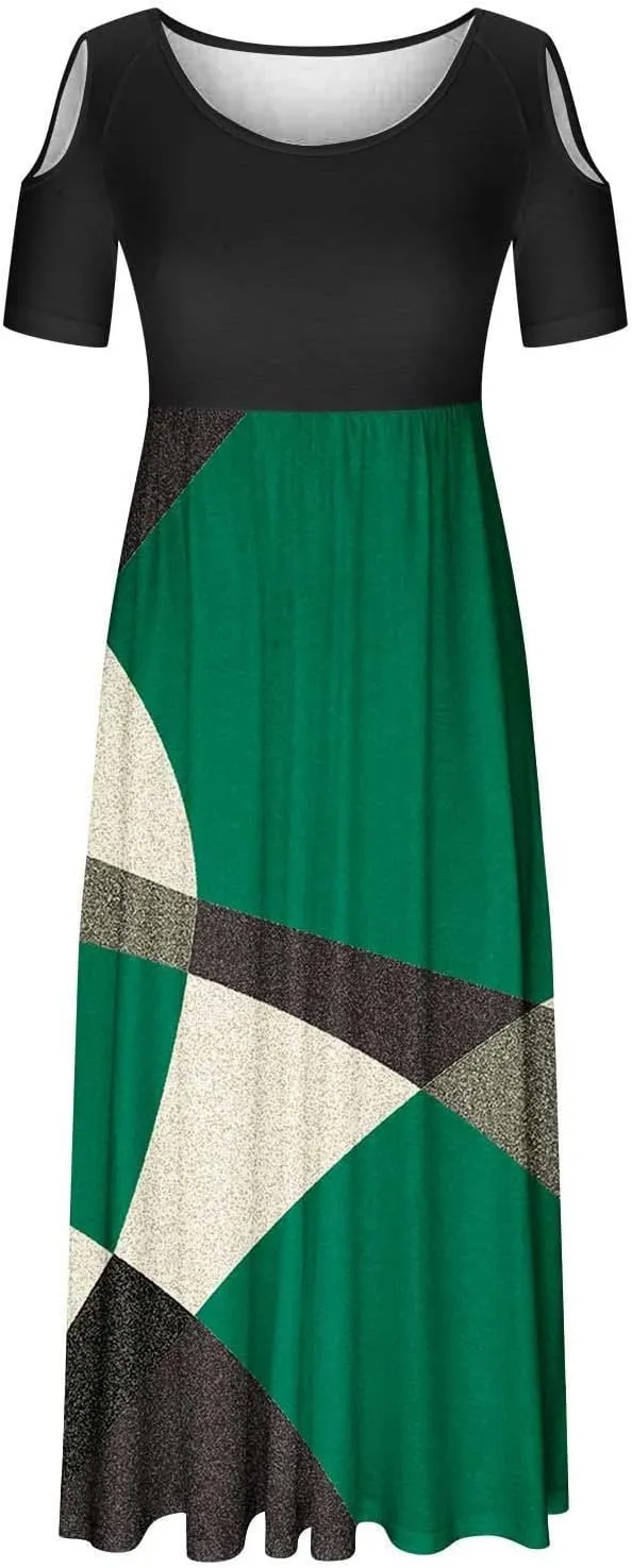 Summer Dresses for Women 2025 Vacation Off Shoulder Short Sleeve Crewneck Maxi Dress Colorblock Printed Long Dress