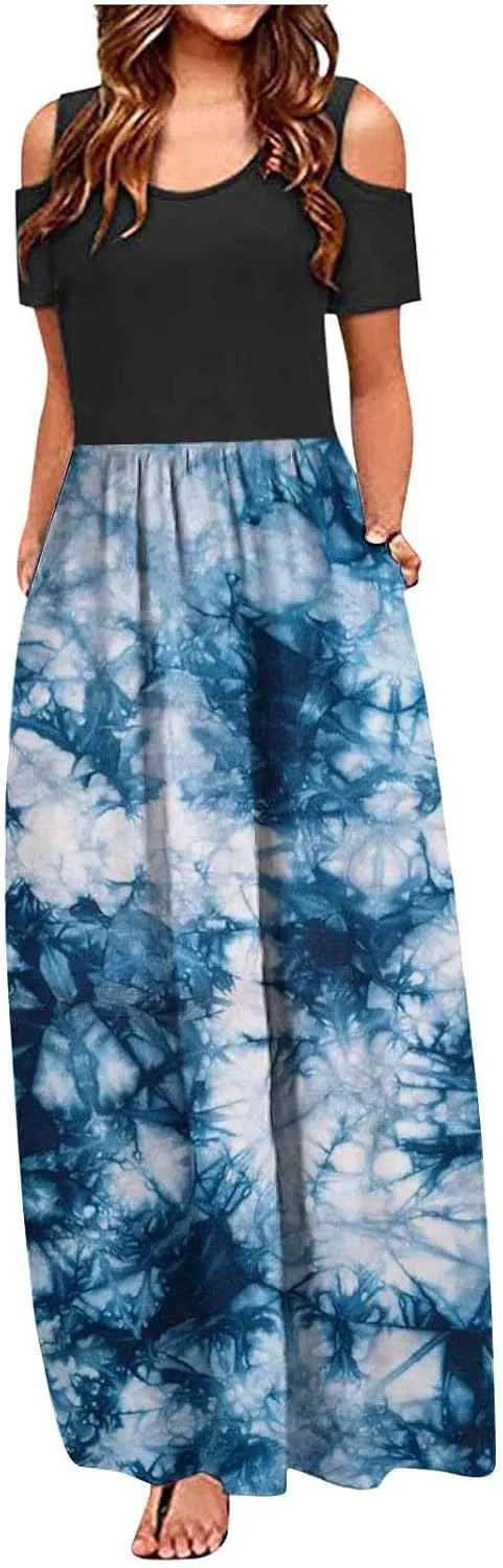 Summer Dresses for Women 2025 Vacation Off Shoulder Short Sleeve Crewneck Maxi Dress Colorblock Printed Long Dress