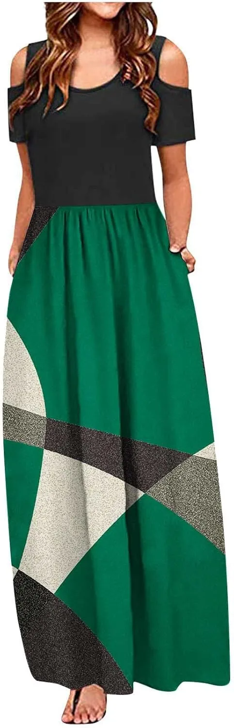 Summer Dresses for Women 2025 Vacation Off Shoulder Short Sleeve Crewneck Maxi Dress Colorblock Printed Long Dress