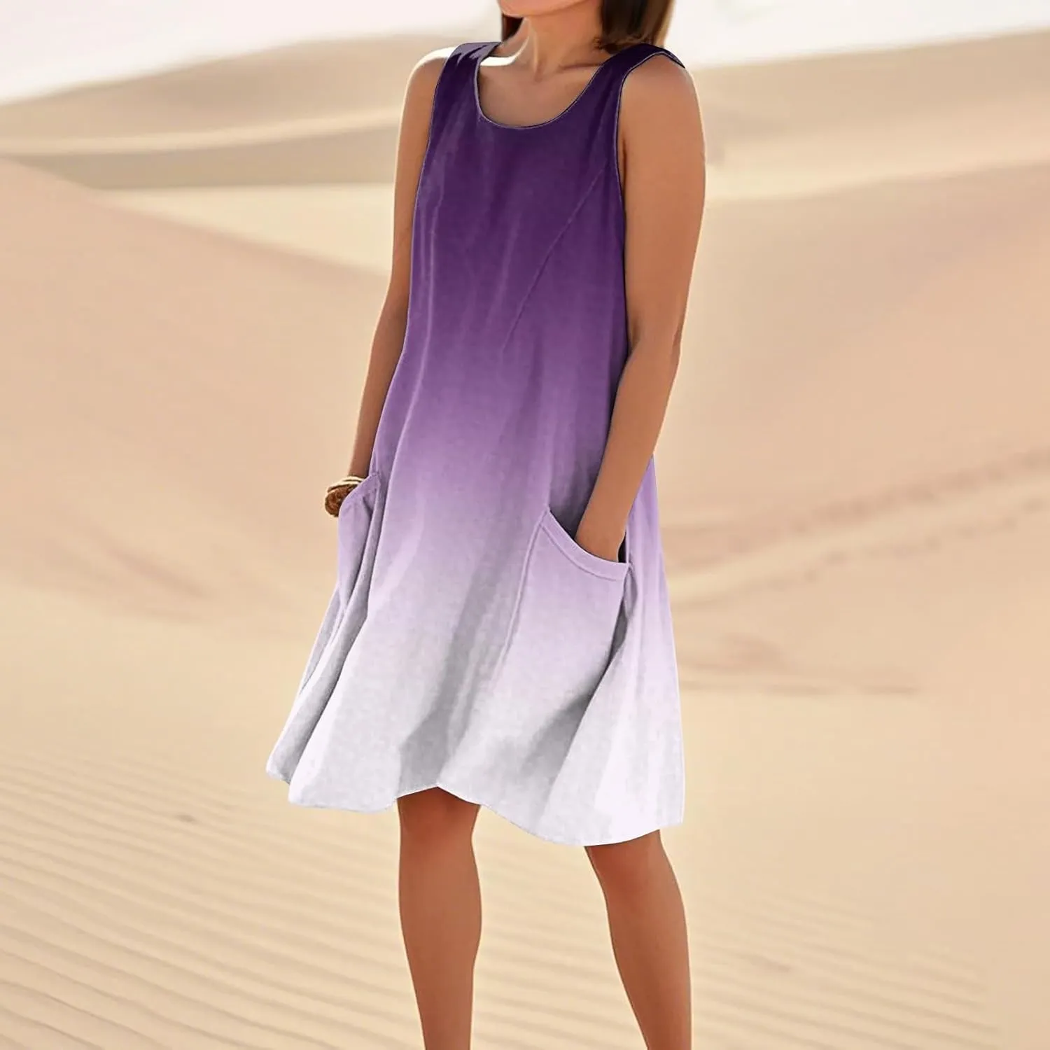 Summer Dresses for Women Sleeveless Sundress Printed Round Neck Tank Dress Loose Beach Vacation Dress with Pockets