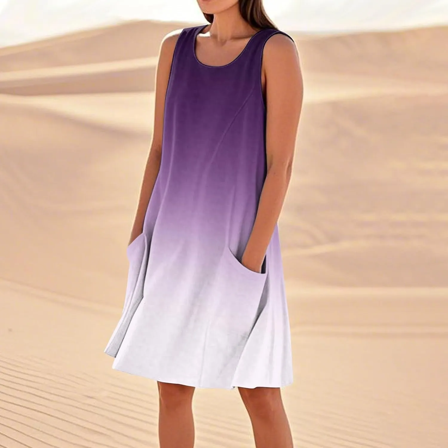 Summer Dresses for Women Sleeveless Sundress Printed Round Neck Tank Dress Loose Beach Vacation Dress with Pockets