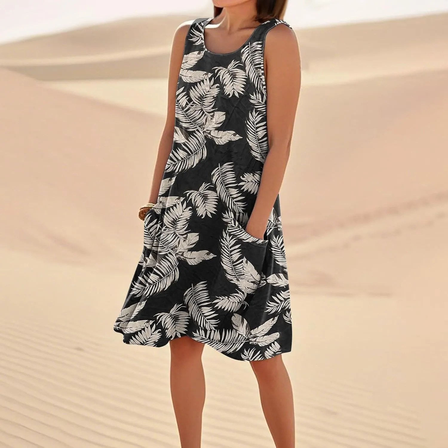 Summer Dresses for Women Sleeveless Tank Dress Printed Crewneck Beach Vacation Dress Loose Fit Sundress with Pockets