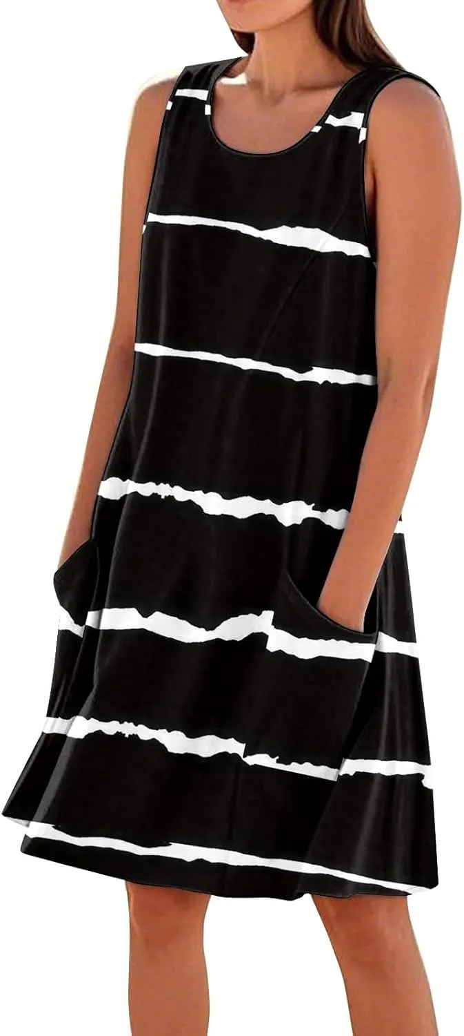 Summer Dresses for Women Sleeveless Tank Dress Printed Crewneck Beach Vacation Dress Loose Fit Sundress with Pockets