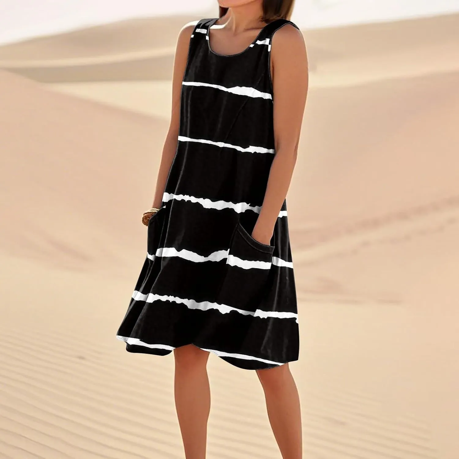Summer Dresses for Women Sleeveless Tank Dress Printed Crewneck Beach Vacation Dress Loose Fit Sundress with Pockets