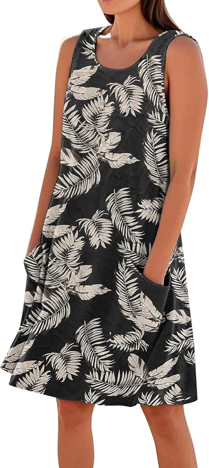 Summer Dresses for Women Sleeveless Tank Dress Printed Crewneck Beach Vacation Dress Loose Fit Sundress with Pockets