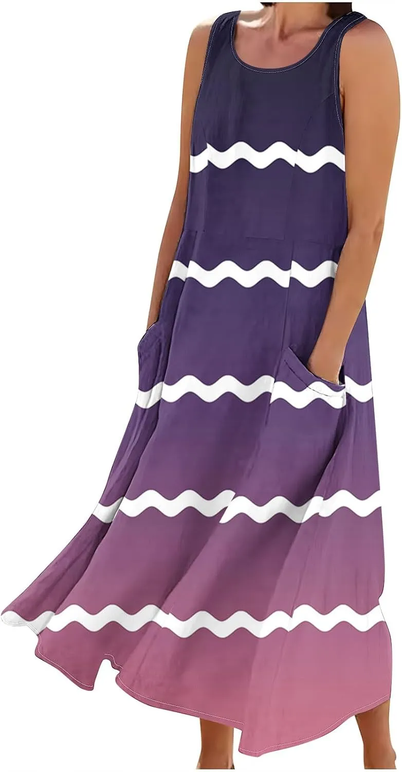 Sundresses for Women 2024 Trendy Sleeveless Printed Loose Fit Ankle Length Dresses Round Neck Flowy Long Dresses