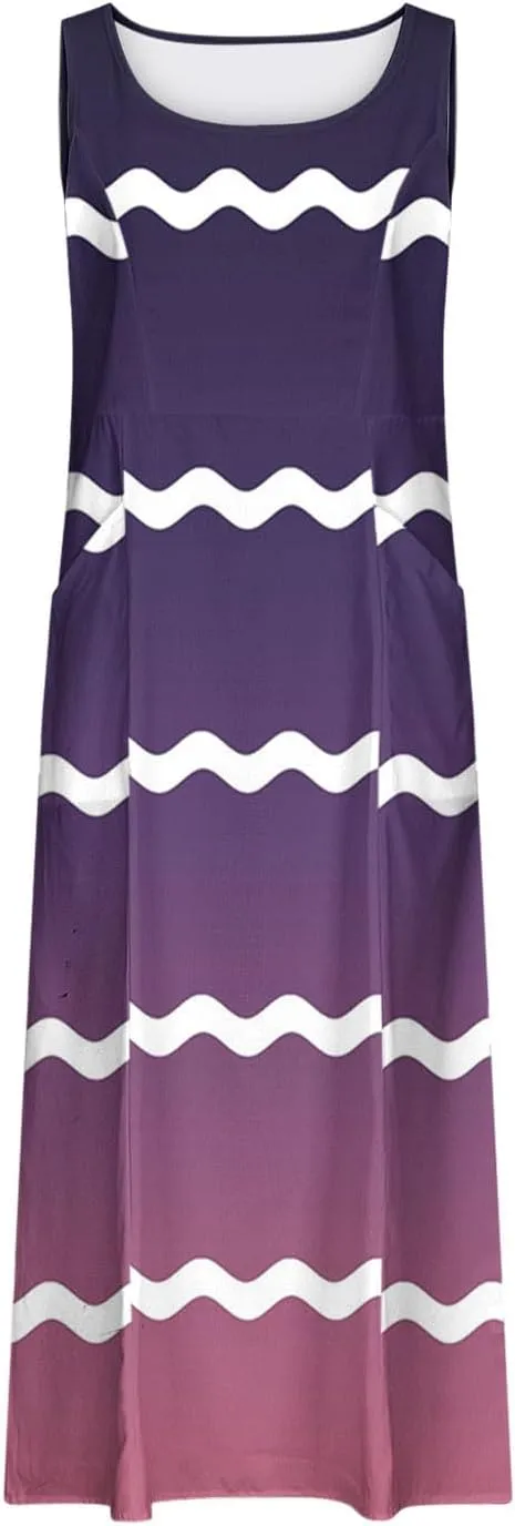 Sundresses for Women 2024 Trendy Sleeveless Printed Loose Fit Ankle Length Dresses Round Neck Flowy Long Dresses