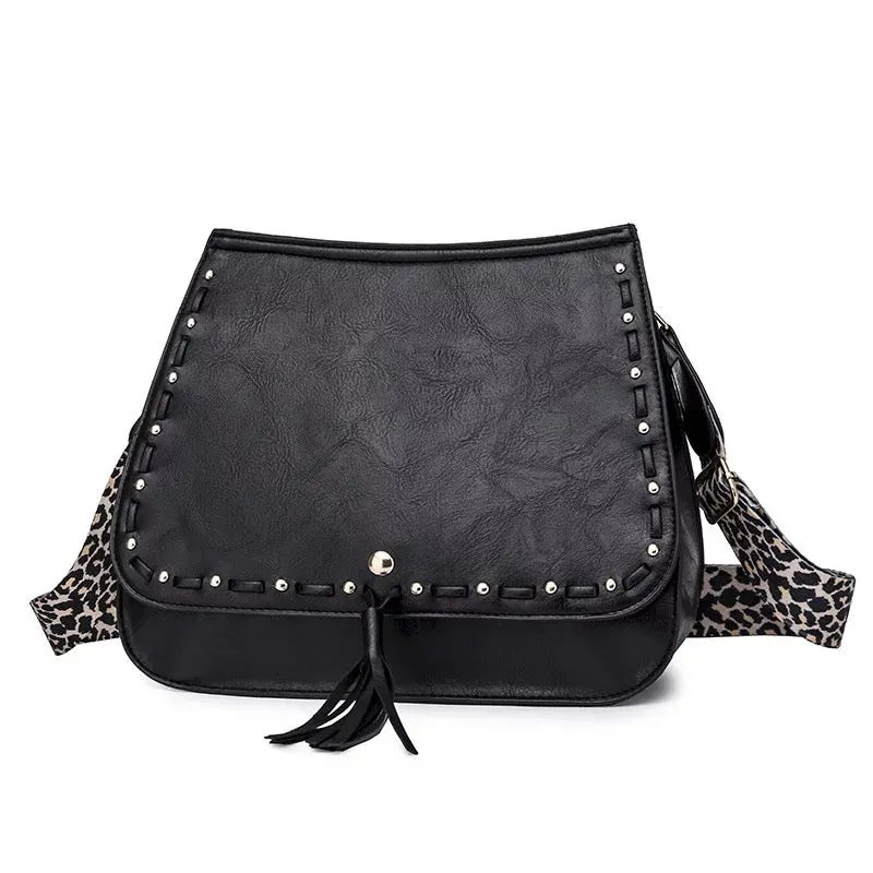 Vegan Leather Woven Flip Rivet Handbag with Leopard Strap - Assorted Colors