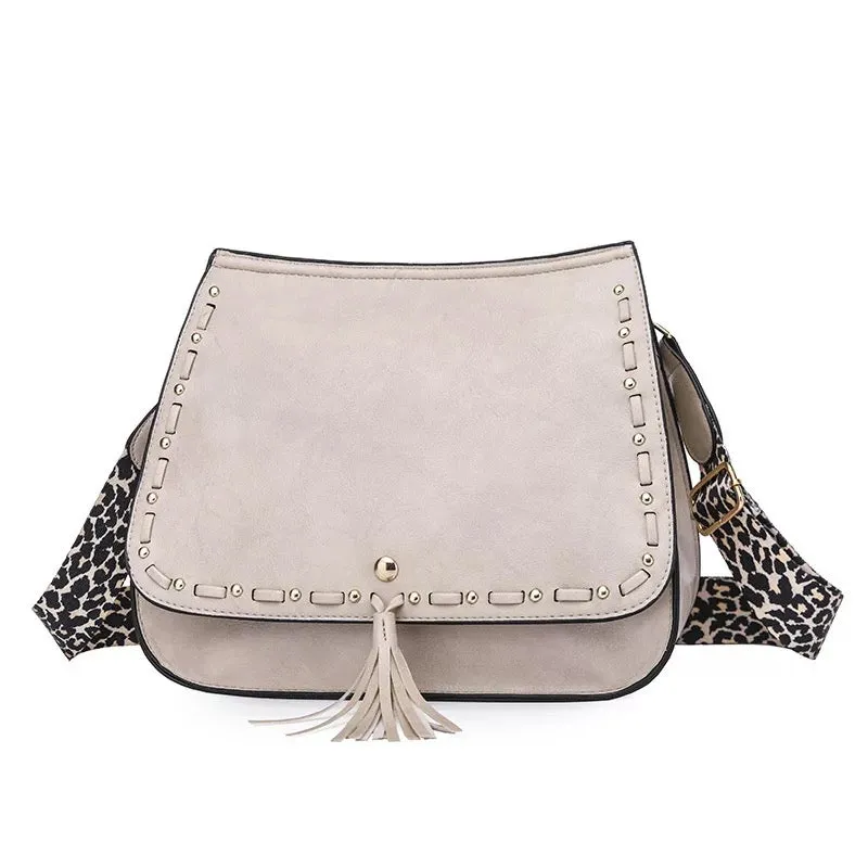 Vegan Leather Woven Flip Rivet Handbag with Leopard Strap - Assorted Colors