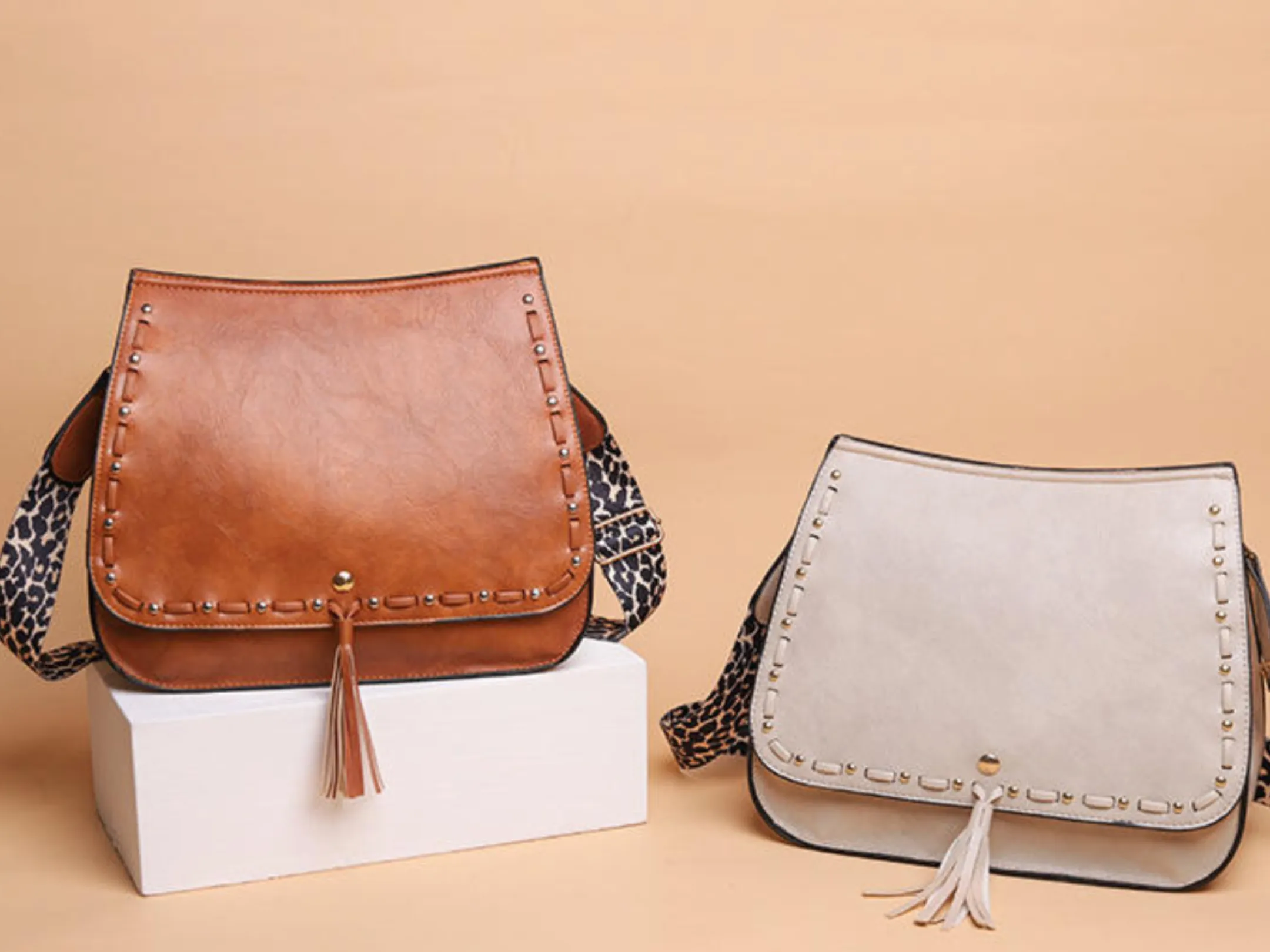 Vegan Leather Woven Flip Rivet Handbag with Leopard Strap - Assorted Colors