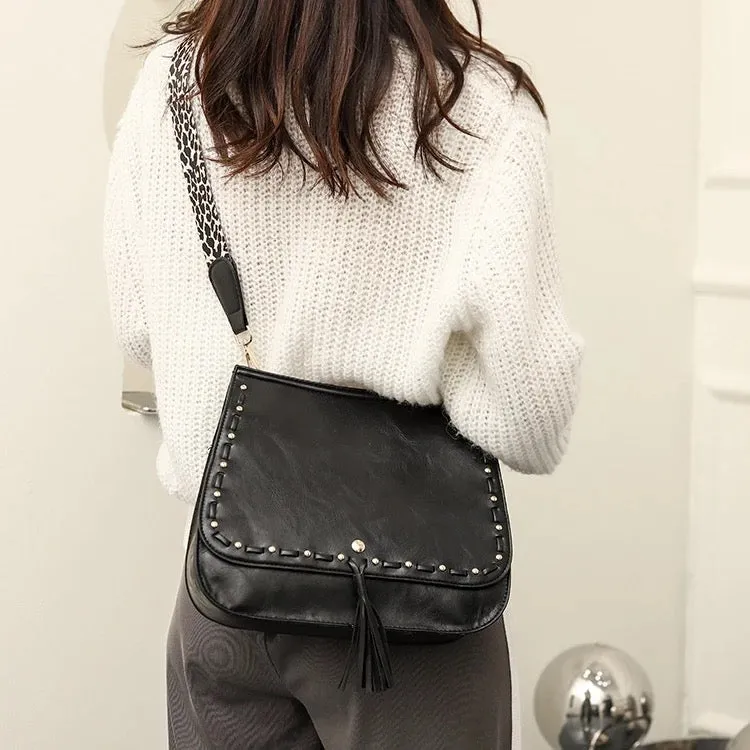 Vegan Leather Woven Flip Rivet Handbag with Leopard Strap - Assorted Colors