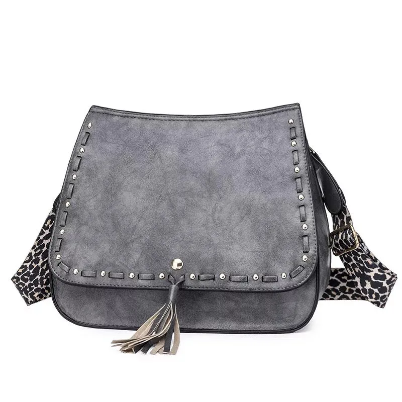Vegan Leather Woven Flip Rivet Handbag with Leopard Strap - Assorted Colors