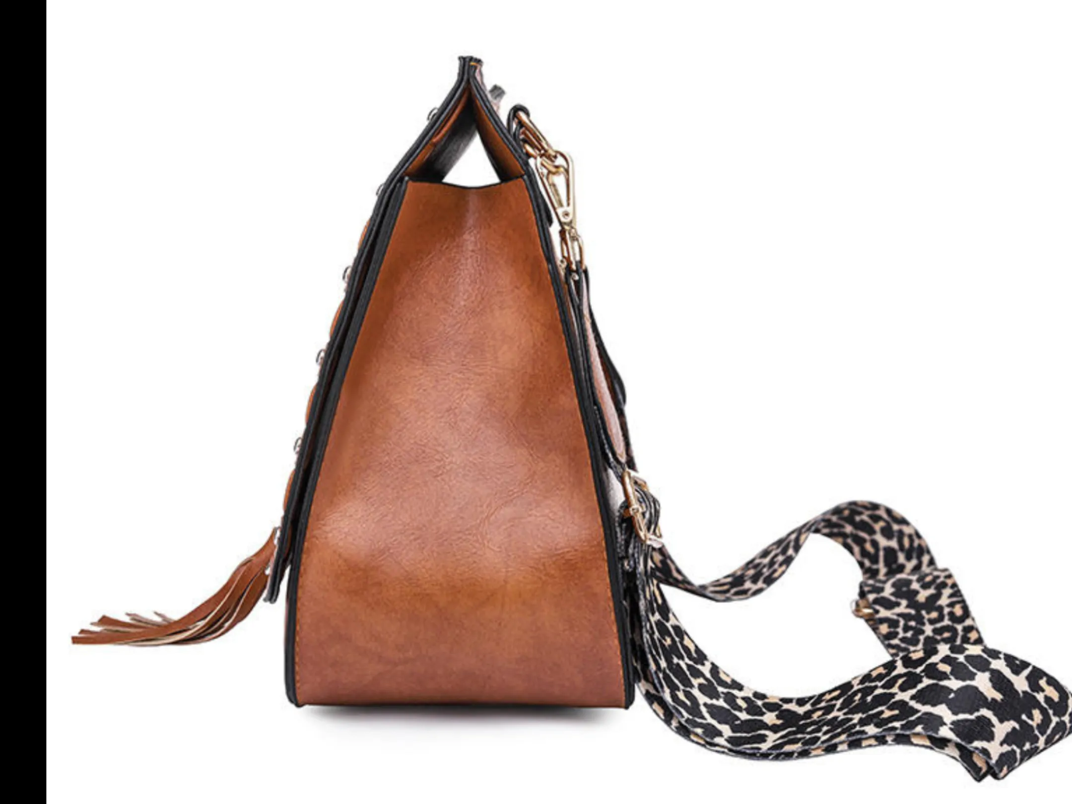 Vegan Leather Woven Flip Rivet Handbag with Leopard Strap - Assorted Colors