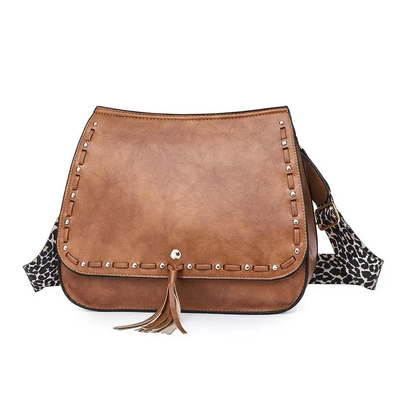 Vegan Leather Woven Flip Rivet Handbag with Leopard Strap - Assorted Colors