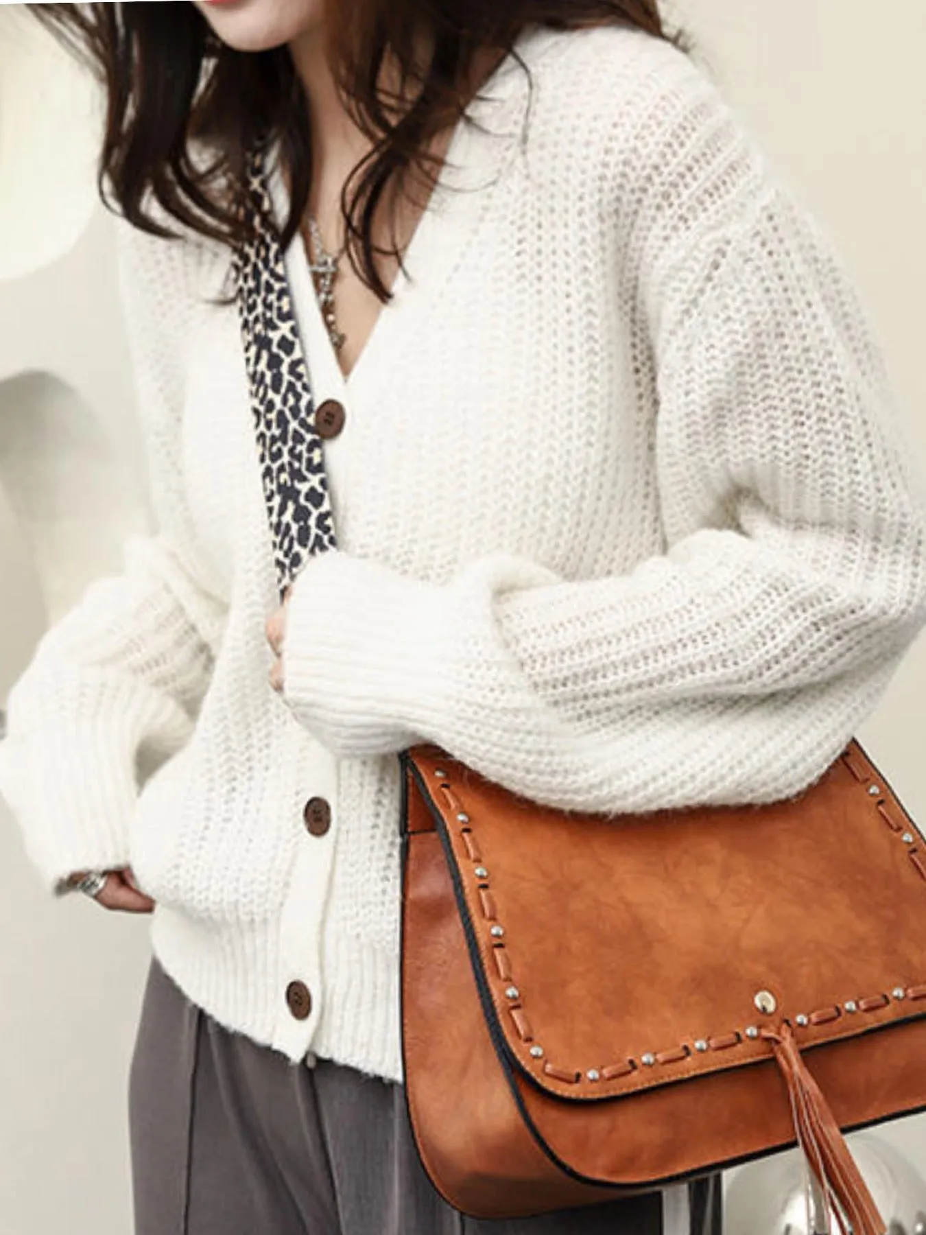 Vegan Leather Woven Flip Rivet Handbag with Leopard Strap - Assorted Colors