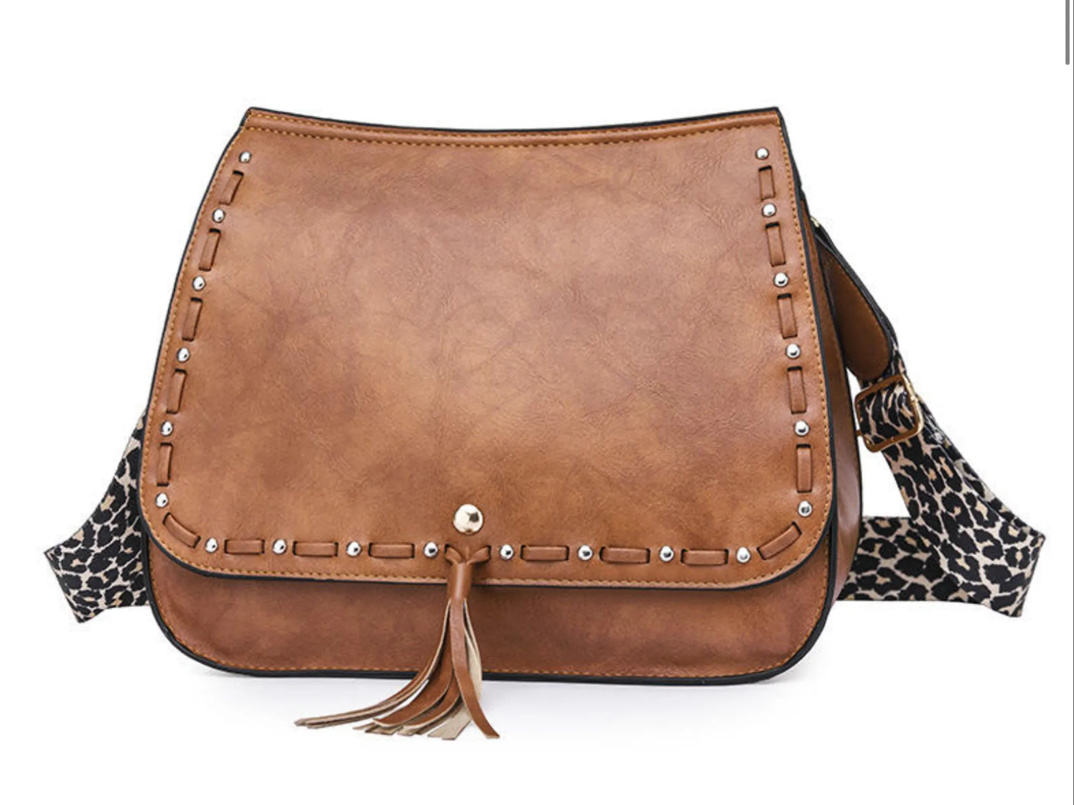 Vegan Leather Woven Flip Rivet Handbag with Leopard Strap - Assorted Colors
