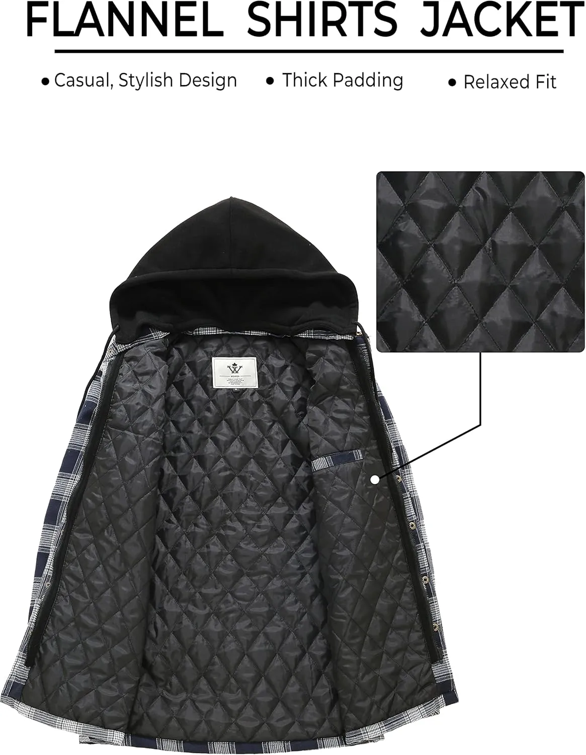 WenVen Men's Thicken Plaid Flannel Quilted Shirts Jacket with Removable Hood