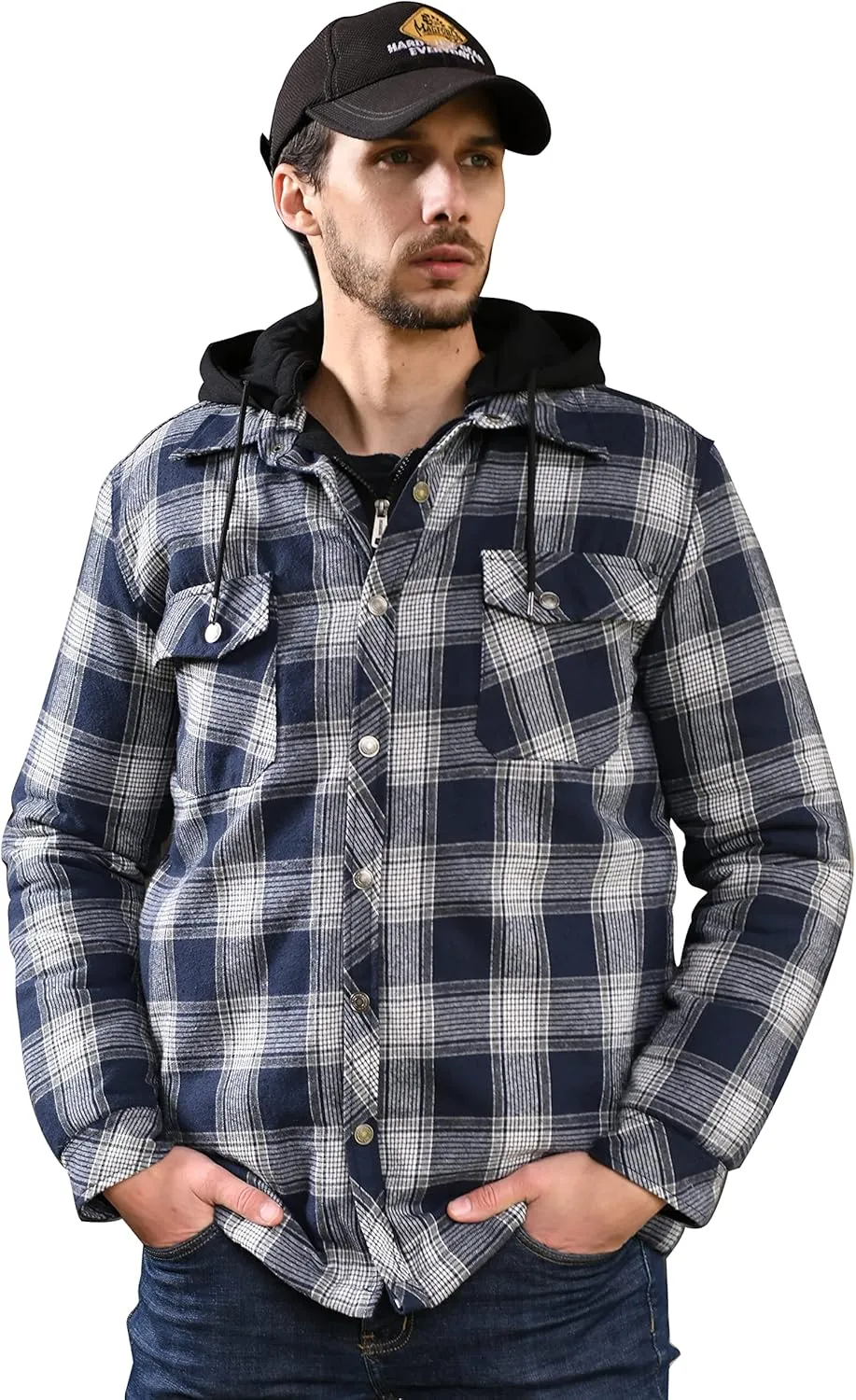 WenVen Men's Thicken Plaid Flannel Quilted Shirts Jacket with Removable Hood